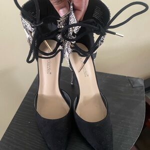 Breckelles Black Pointed Toe Ankle Tie Pumps with Snake-Print Accent